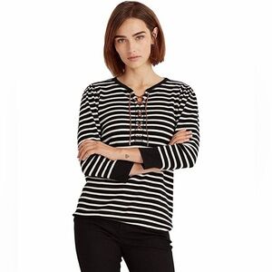 Lauren Ralph Lauren Striped Lace-Up Waffle-Knit Top Sz S 3/4 Sleeve Cotton Shirt
